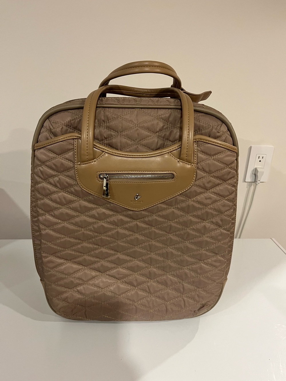 Quilted Travel Tote in Taupe with Tan Trim